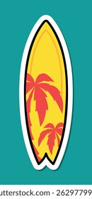 prancha de surfe com adesivo palmeiras, símbolo de férias de verão amarelo e vermelho, elemento de design vetorial