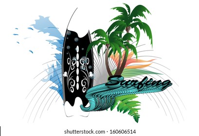 Surfboard with palm trees and wave