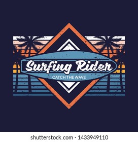 Surfboard palm vintage abstract Illustration surfing rider Extreme sport on big wave California Hawaii Malibu Long Beach fashion hipster trendy summer print design t-shirt poster sticker badge patch