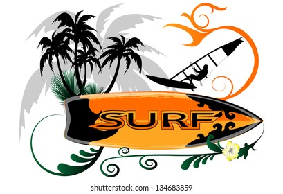 surfboard with palms and surfer