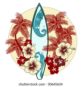 surfboard with palmtrees and hibiscus