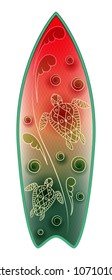 Surfboard red and green with a picture of the wave, sea turtles. Vector. For use in layouts, banners, posters