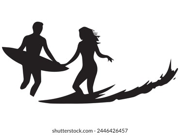 Surfboard riders man woman and child surfing silhouettes vector