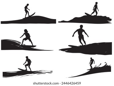 Surfboard riders man woman and child surfing silhouettes vector