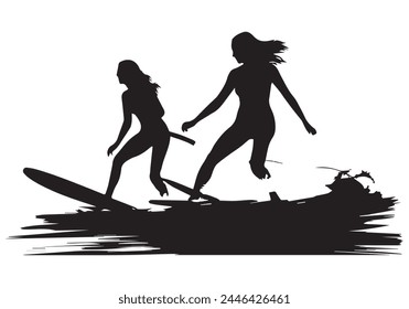 Surfboard riders man woman and child surfing silhouettes vector