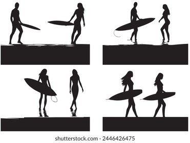 Surfboard riders man woman and child surfing silhouettes vector