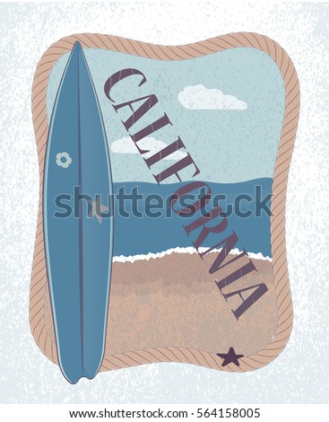 surfboard and rope. the beach in the evening. surf. t-shirt design, poster, banner, ticket. vector illustration