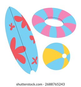 Tabla de surf, anillo de goma, y pelota de goma en un fondo blanco, Ilustración vectorial.