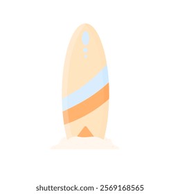 Surfboard in the sand in cartoon style on a white background isolated. A beautiful surfboard stands on the shore in the sand.