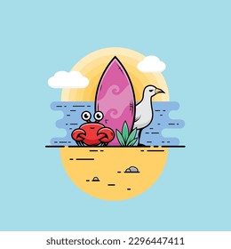 Surfboard and sea characters cartoon tropical illustration.