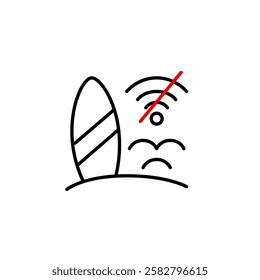 Surfboard, sea waves and no wifi symbol. Tech-free zone, digital detox, remote surf spot. Beach vacation. Pixel perfect vector icon