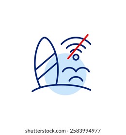 Surfboard, sea waves and no wifi symbol. Tech-free zone, digital detox, remote surf spot. Beach vacation. Pixel perfect, editable stroke icon