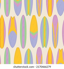 Surfboard seamless vector pattern. Colorful summer design with purple, yellow and green board illustrations. Fun, repeat surface pattern with vintage retro texture. 