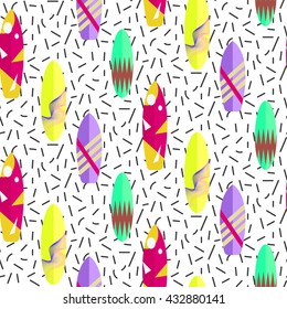 Surfboard seamless vector pattern. Colorful boards in memphis 80s retro style. Surf boards on white background with shavings.