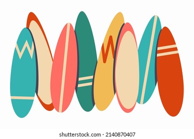 Surfboard set. Collection of different bright, colored vintage surfboards isolated on white background. Vector flat illustration
