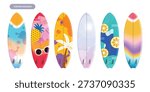Surfboard set featuring tropical pineapple, palm tree, citrus, and sunset gradient patterns. Vibrant 3D summer vacation equipment for water sports. Vector illustration.