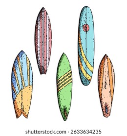 Conjunto de tabla de surf dibujado a mano. playa del océano, aletas de surf, boceto de Vector de tabla de surf de cubierta de correa