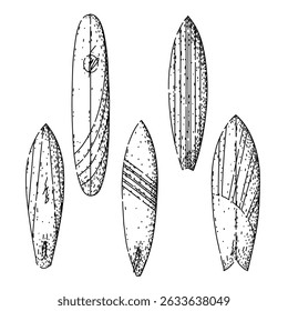 Conjunto de tabla de surf dibujado a mano. playa del océano, aletas de surf, boceto de Vector de tabla de surf de cubierta de correa. ilustración negra aislada