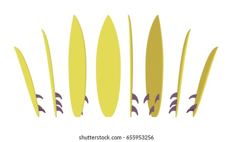 Surfboard set, surfing summer water sport, board for wave riders and athletes, standing in different positions, bright fresh color. Vector flat style cartoon illustration, isolated, white background