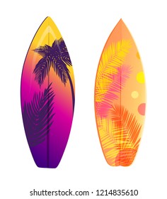 Surfboard set vector banner, summer holiday theme. Board for surfing with palm leaves print, front view of swimming equipment, seashore resort theme