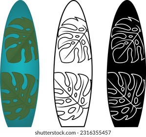 Surfboard Set. Surfboard Vector Icons with Tropical Leaves. Summer Water Sports
