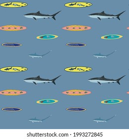 Surfboard and sharks in seamless repeat pattern on light background. Designed in vector file, ready to be printed on fabric, wallpaper, and home decor products