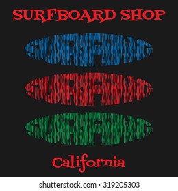 Surfboard shop, surfing, California surf typography, t-shirt graphics, poster, banner, flyer, postcard, vector 