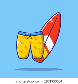 Surfboard and short pants flat style illustration. Summer vacation, travel, sport, game, fun. Summer icon concept illustration. Flat cartoon vector illustration.