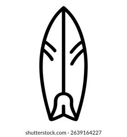 A surfboard is shown in a simple black line drawing, often used for surfing.