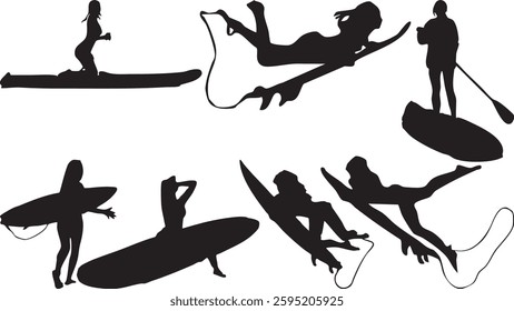 A surfboard silhouette pack showcasing freestyle surf tricks, paddleboarding, and action poses. This vector EPS set on a transparent background is great for surf, ocean, and adventure graphics.