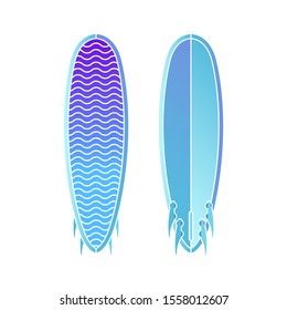 Surfboard silhouette template. Surf board top and back view. Vector illustration isolated on white background. Sea extreme sport.