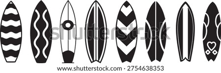 Surfboard silhouette vector set with different modern board shape and pattern. Minimal black beach sport collection perfect for summer design, surfing theme, travel graphics, logo, poster and branding