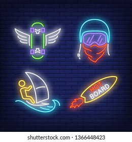 Surfboard, skateboard and person windsurfing neon signs set. Extreme sport, activity and leisure design. Night bright neon sign, colorful billboard, light banner. Vector illustration in neon style.