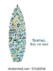 Surfboard Sketch, Design Made From Surf Icons Set