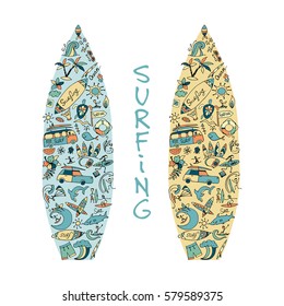Surfboard sketch, design made from surf icons set