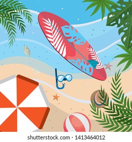 surfboard with snorkel masks and umbrella with beach ball