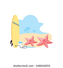 surfboard sport in the beach with starfishes
