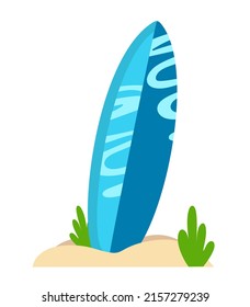 Surfboard standing in the sand in cartoon style Vector illustration isolated on a white background