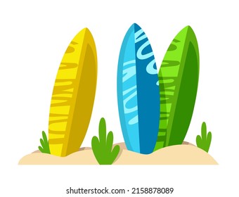 Surfboard standing in the sand in cartoon style Vector illustration isolated 