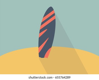 Surfboard standing in sand. With long shadow. Travel and vacation. Sea resort. Vector illustration.