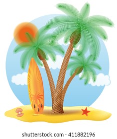 surfboard standing under a palm tree vector illustration isolated on white background