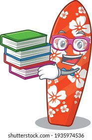 Surfboard student mascot design read many books when study at home. Vector illustration