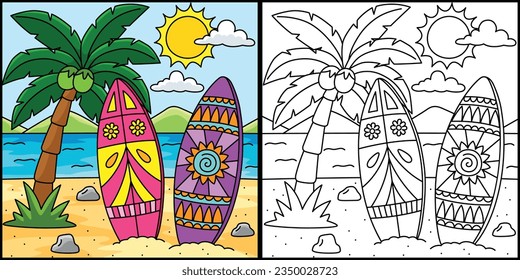 Ilustración de la página de color de verano de Surfboard