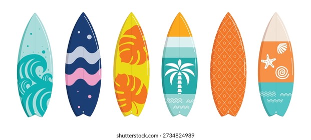 Surfboard summer element clipart set. Surfing board in colorful printed and pattern clip art for tropical season and beach sport activity summer element collection vector illustration.
