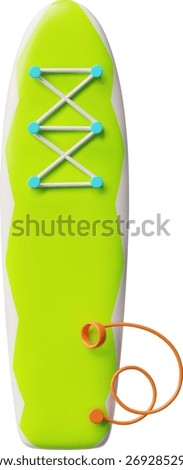 Surfboard, SUP board 3D plastic style cartoon vector icon. Realistic green surfing board for active sport on water, windsurf. Sports equipment. Active recreation on sea, oceanic coast. Ride wave tool