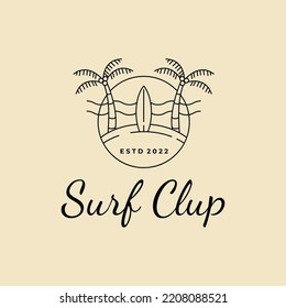surfboard with surf club badge logo line art design vector illustration template