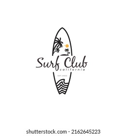 surfboard with surf club logo design vector illustration template
