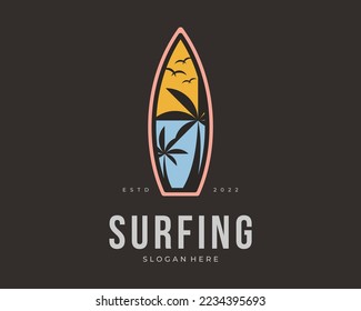 Surfboard Surfing Surf Beach Sea Wave Sport Holiday Palm Sunset Scenic Retro Vector Logo Design