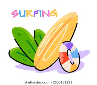 Surfboard e anel de natação em fundo branco. Surfar na ilustração de texto