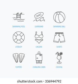 Surfboard, swimming pool and trunks icons. Beach ball, lingerie and shorts linear signs. Lifebuoy, cocktail and changing cabin icons. Linear set icons on white background.